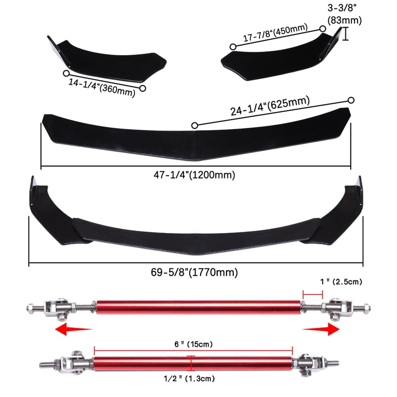 DREAMIZER Universal Front Bumper Lip Strut Rod Spoiler Wing Wide