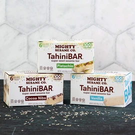 Mighty Sesame TahiniBars, Variety Pack (18 Bars) | 6 Pistachio - 6 Vanilla - 6 Cocoa Nibs | 100 Calorie Mini Halva Bars | Individually Wrapped