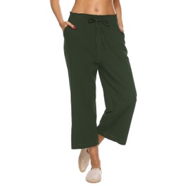 LNX Womens Linen Pants High Waisted Wide Leg Drawstring Casual Loose Trousers with Pockets Army Green