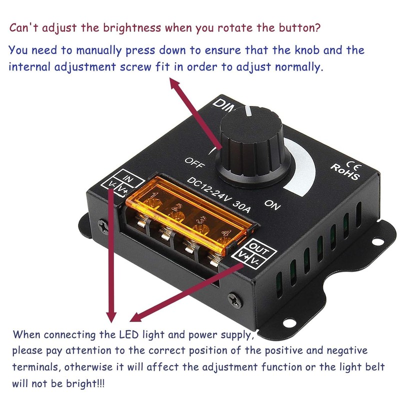 SUPERNIGHT LED Light Strip Dimmer, DC12V-24V 30A PWM Dimming Controller