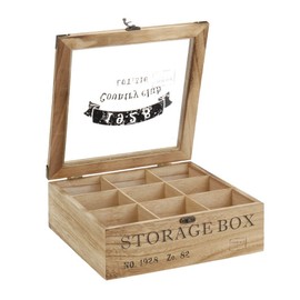 ToCi Tea Box Natural Wood Tea Box Tea Bag Storage Rectangular (6 Compartments) and Square (9 Compartments) Storage Box in Retro Look