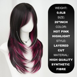 7JHH WIGS Natural Black Brown Rose Pink Hihglight Layered Wig with Curtain Bangs Long Straight Pixie Cut Natural Looking Heat Resistant Synthetic Hair Fiber Wigs for Women Daily Used