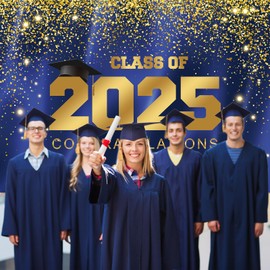 Mocsicka Graduation Party Backdrop Class of 2025 Blue Gold Glitter Background 2025 Congratulations Graduates Party Decoration Banner Photo Booth Props (8x6ft)