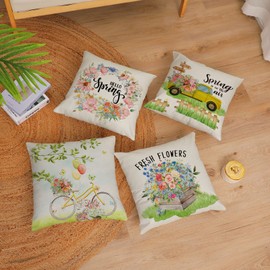 Hello Spring Pillow Covers 18x18 Set of 4 Floral Throw Pillow Covers Spring Summer Decorative Cushion Covers Truck Biycle Flower Pillow Cases for Home Sofa Couch Outdoor Decor (18 by 18)