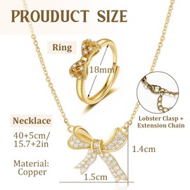 XSDSLS Pack of 2 Bow Rings Bow Necklace for Women Gold Silver Bow Pendant Necklace Butterfly Rings Choker Necklace Valentine's Day Gifts for Women, Copper, No Gemstone