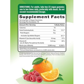 Gomitas para el cabello, piel y uas, 80 unidades, 2500 mcg de biotina, vegano, sin OMG, suplemento sin gluten, vitamina para mujeres y hombres, por...