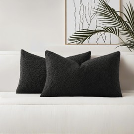 HAUSSY Set of 2 12x20 Decorative Throw Pillow Covers, Soft Cozy Textured Boucle Lumbar Pillow Cases, Home Decor for Couch Bed Living Room, Black