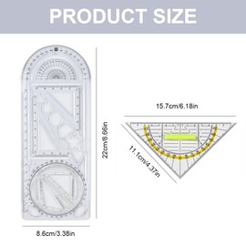 1 x Multifunctional Plastic Geometric Ruler, Drawing Stencil, Mathematics Drawing Ruler + 1 Piece Triangle Ruler, Plastic Geometric Triangle with Removable Handle