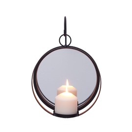 Danya B. Round Wrought Iron Pillar Candle Sconce with Mirror – A Decorative Rustic Metal Hanging Wall Candleholder