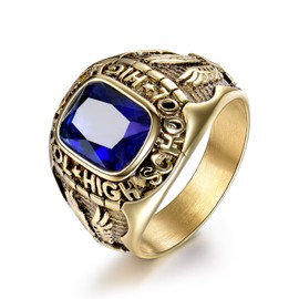 MASOP 316L Stainless Steel Comfort Ring Men Engraved Eagle High School Crystal Gold Color Size 12