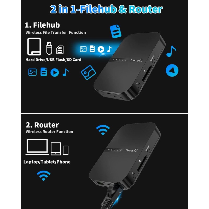 NewQ Filehub AC750 Travel Router: Portable Hard Drive SD Card