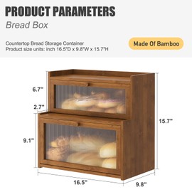 Furshus Double Layer Bamboo Bread Box for Kitchen Counter,Bread Holder,Countertop Bread Storage with Window (Brown)