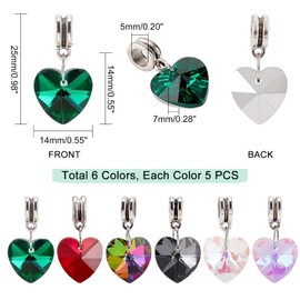 PandaHall 6 Colors Heart Glass Charms Pendants, 30 Pieces Faceted Heart Crystal Charms with Hanger Large Hole Beads for Wedding Valentine's Day Mother Necklace Bracelets Hole:5mm
