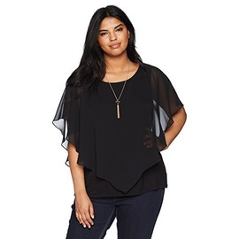 AGB Women's Plus-Size V Front Popover Top with Necklace Shirt, Black, 2X