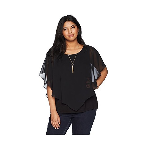 AGB Women's Plus-Size V Front Popover Top with Necklace Shirt,