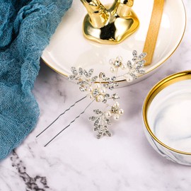Clearine Women's Wedding Bridal Cream Simulated Pearl Crystal Filigree Leaf Hair Pin Clear Silver-Tone