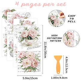 WEBEEDY 3 Pcs Flower Rub on Transfers for Crafts,11.8x5.9 Peel and Stick Wall Murals Stickers Decals with Scraper,Wallpaper for Furniture,Vintage Window Wall Art for Bedroom Home Decor