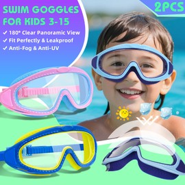 LYBHDAFA 2 Pack Kids Swim Goggles for 3-15 - HD Children's Large Frame Anti-Fog Pool Swimming Goggles for Boys Girls Toddler (Pink Blue & Blue Yellow)