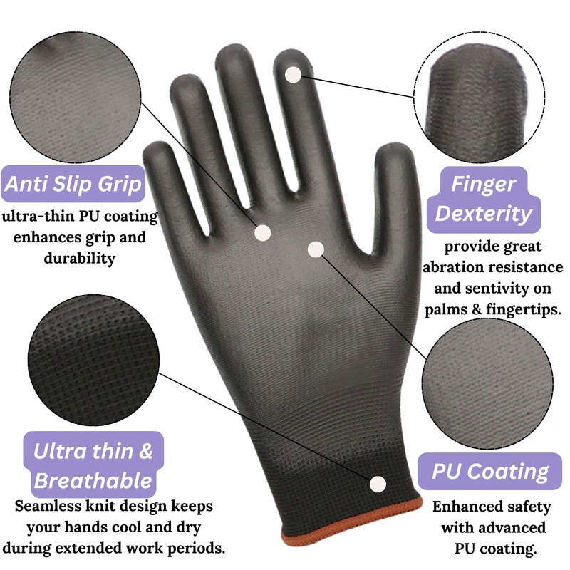 Pack of 12 or 24 Black Safety Work Gloves, Outdoors