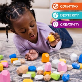 Acorn Avenue 36 PCS Wooden Bright Earth Color Sorting Stacking Rocks Stones,Sensory Toddler Toys Learning Montessori Toys, Building Blocks Game for Kids 3+, Boy and Girl Birthday Gifts for Kids