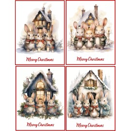 8 Christmas Bunny Rabbit houses vintage glossy blank Christmas card red envelope
