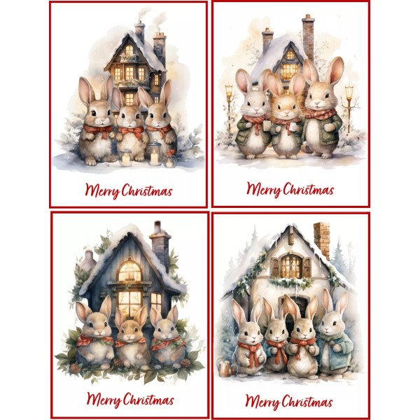 8 Christmas Bunny Rabbit houses vintage glossy blank Christmas card