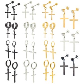 NEWITIN 15 Pairs Stainless Steel Stud Earrings for Men Hypoallergenic Earring Unisex Punk Earring Hoop Hinged Dangle Cross Earrings for Men Women