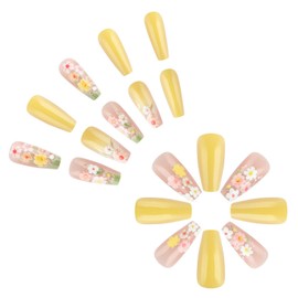 Press on Nails Medium Coffin Fake Nails with Color Floral Designs Glue on Nails Yellow Full Cover Nails Press ons Glossy False Nails Cute Artificial Stick on Nails for Women 24Pcs