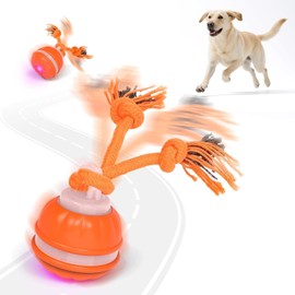 Interactive Smart Automatic Moving Electric Rolling Birdsong Squeaky Durable Stimulating Dog Ball Toys with Rope to Keep Them Busy for Boredom, Orange