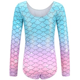 SEAUR Kids Leotard Gymnastics Dance Leotards for Girls Gymnastics Bodysuit Long Sleeve One-Piece Sparkle Mermaid Dance Outfit Athletic Dancewear 7-8T
