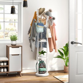 kiplant Rotary Coat Rack Stand with 8 Hooks, Bamboo Wood Coat Tree for Clothes/Bags/Hats, Large Coat Rack Freestanding for Entryway (White)