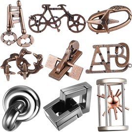 Wettarn 9 Pcs Metal Brain Teaser Puzzles 3D Steel Puzzle Set for Adults IQ Logic Challenge Disentanglement Unlock Interlocking Games Smart Logic Test 