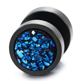 COOLSTEELANDBEYOND 10mm Women Mens Black Circle Stud Earrings Blue Glitter, Steel Cheater Fake Ear Plugs Gauges Tunnel