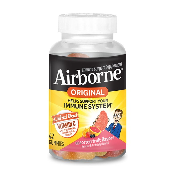 Airborne Vitamin C 750mg (per serving) - Assorted Fruit Gummies (42 count in a bottle), Gluten-Free Immune Support Supplement With Vitamins C E, Selenium