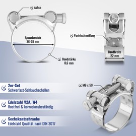Poppstar Set of 2 hinge bolt clamps stainless steel hose clamps clamping range 36-39 mm, band width 20 mm, W4