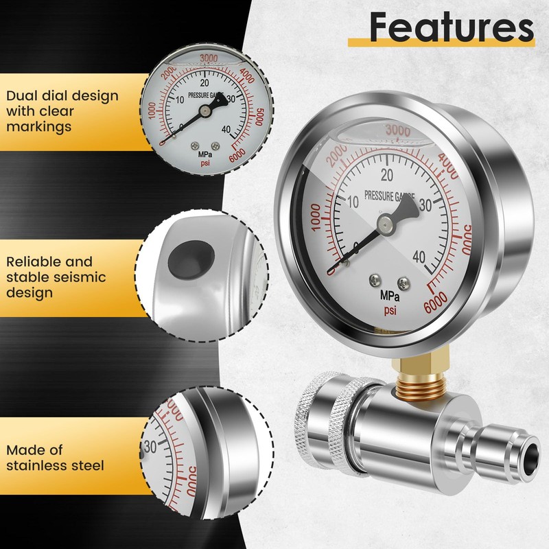 Pressure Washer Gauge 6000PSI Stainless Steel Double Scale Washer Gauge
