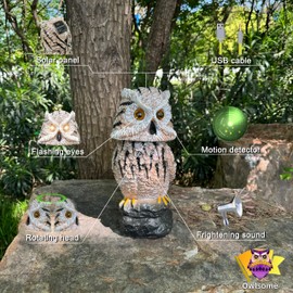 Owlsome Solar Tiger Owl with Flashing Eyes, Rotating Head, Hoot Sound, Motion Detector and Silent Mode, Plastic Owl Garden Sculpture, Garden Decoration