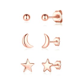 3 Pairs Silver 14K Rose Gold Stud Earrings Set for Women Girls, Hypoallergenic 925 Stering Silver Tiny Round Ball Star Moon Stud Earring,Small Sleeper Cartilage Helix Studs Earring Set