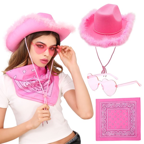 JeVenis Pink Cowgirl Hat Cowboy Hat Women Western Cowgirl Hat with Feathers Bandana and heart shape Sunglasses for Bachelorette Party