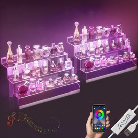 16” Acrylic Display Organizer with LED Light - 3 Tier Perfume Stand and Display Step Shelves Holder, Cologne Organizer for Men, Figures Stand, Porta Perfumes Para Tocador, Clear Riser, 2 Pack Stands