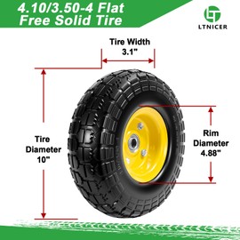 LTNICER 10" Solid Rubber Tires and Yellow Wheels 4.10/3.50-4 (10 x 3.5) Flat Free Tire with 5/8" Bearings,Heavy-Duty Replacement Tire For Gorilla Carts,Wagon,Wheelbarrow,Garden cart(2 Pack)