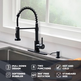 WEWE Black Kitchen Faucet with Soap Dispenser, Kitchen Sink Faucet with Pull Down Sprayer Stainless Steel Single Handle High Arc Pull Out Matte Black Faucet for Bar Laundry RV Utility