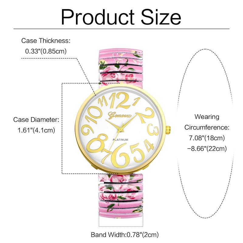 JewelryWe Women's Big Dial Easy Reader Watch Floral Elastic Stretch