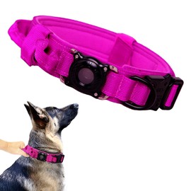 Xqpetlihai Tactical Dog Collar with Airtag Holder Waterproof Airtag Dog Collar with Control Handle and Metal Buckle (Rose Red，M