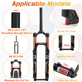 BUCKLOS 26/27.5/29 inch MTB Fork 120mm Travel, 1-1/8" Straight/Tapered Mountain Bike Fork Rebound Adjust, 15mm×100mm Axle, Manual Lockout Air Shock