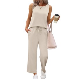 Sampeel Two Piece Set for Women Summer Airport Outfits Beach Vacation Clothes Trendy Lounge Sets Travel Cruise Resort Wear Wide Leg Crop Pants Sets Beige M