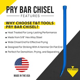 T&T Tools Pry Bar Chisel. - Small Pry Bar Tool, Heavy Duty Crowbar, 5/8-Inch Hex Alloy Steel Pry Bar - Pry Bars for Mechanic, Firefighter, or Roofing - Prybar Tools