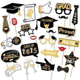 2025 Graduation Photo Booth Props, Kaluofan 25PCS Black and Gold Graduation Party Decorations, Party Props Accessories for Adults and Kids, Funny Photo Props for Primary Secondary School University
