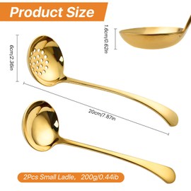 Worldity 7.9 Inch Gold Small Ladle, 2 Pcs Gold Slotted Spoon Soup Ladle Set, Stainless Steel Small Ladles for Serving Sauce, Soup, Vegetables, Gold Metal Soup Ladle for Buffet, Party, Kitchen