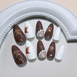 Almond Press on Nails Medium Fake Nails with Maple Leaves Rhinestones Designs Fall Nails Press ons Glossy Glue on Nails Brown Acrylic Nails White False Nails Winter Stick on Nails for Women 24Pcs